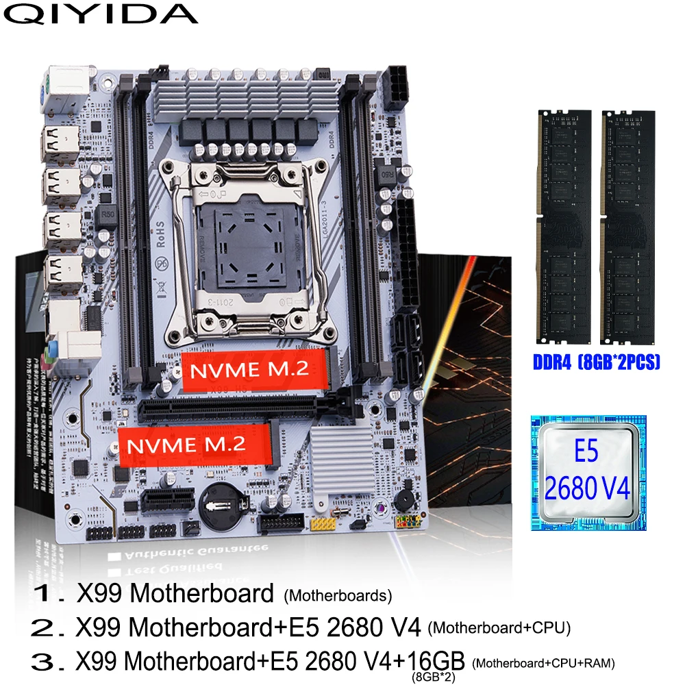 QIYIDA X99 Motherboard-Set mit Xeon LGA2011-3 E5 2680 V4, 1x8GB=8GB DDR4, SATA, PCI3.0, NVME M.2, X99H5 Gaming-Computer Image