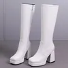 Weiße kniehohe Stiefel für Damen, Plattform 2025, sexy Reißverschluss, dicke High Heels, schwarzer langer Stiefel, Herbst-Winter-Schuhe, große Größe 44 48