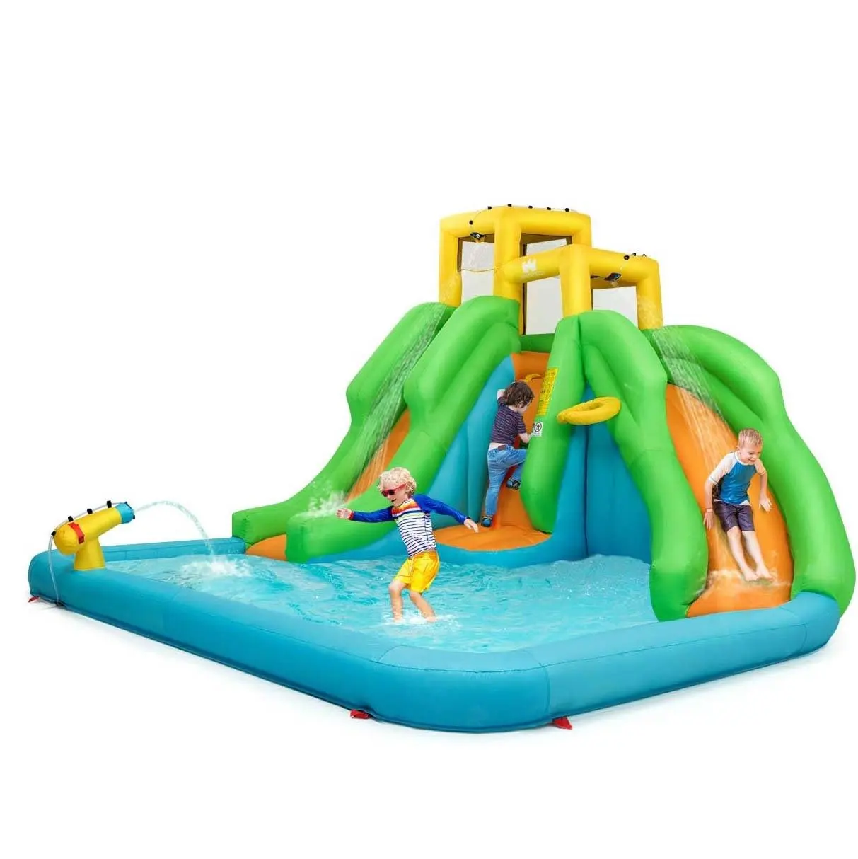 Hüpfburg, Wasserpark mit zwei Rutschen, Kletterwand, Basketball korb, Plans ch becken und Wasserwerfer, (ohne Gebläse) Image