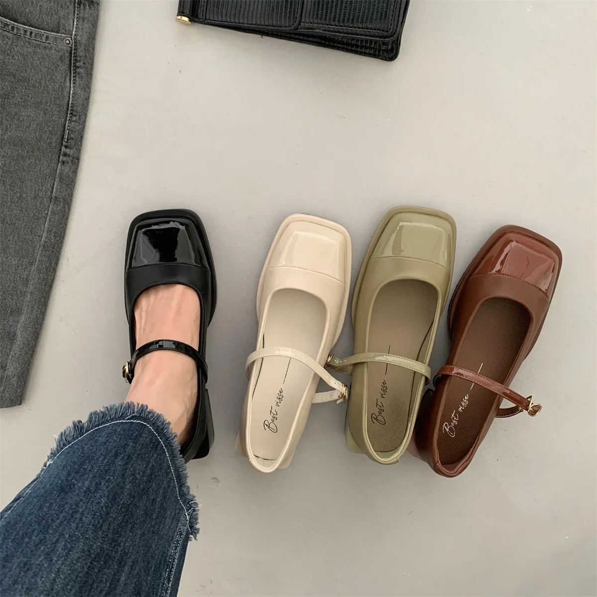 Designer Frauen Mary Jane Schuhe Frühling Leder Schuhe Mode Schnalle weibliche quadratische Kopf Zehen Mitte Absatz elegante Frau Pumps