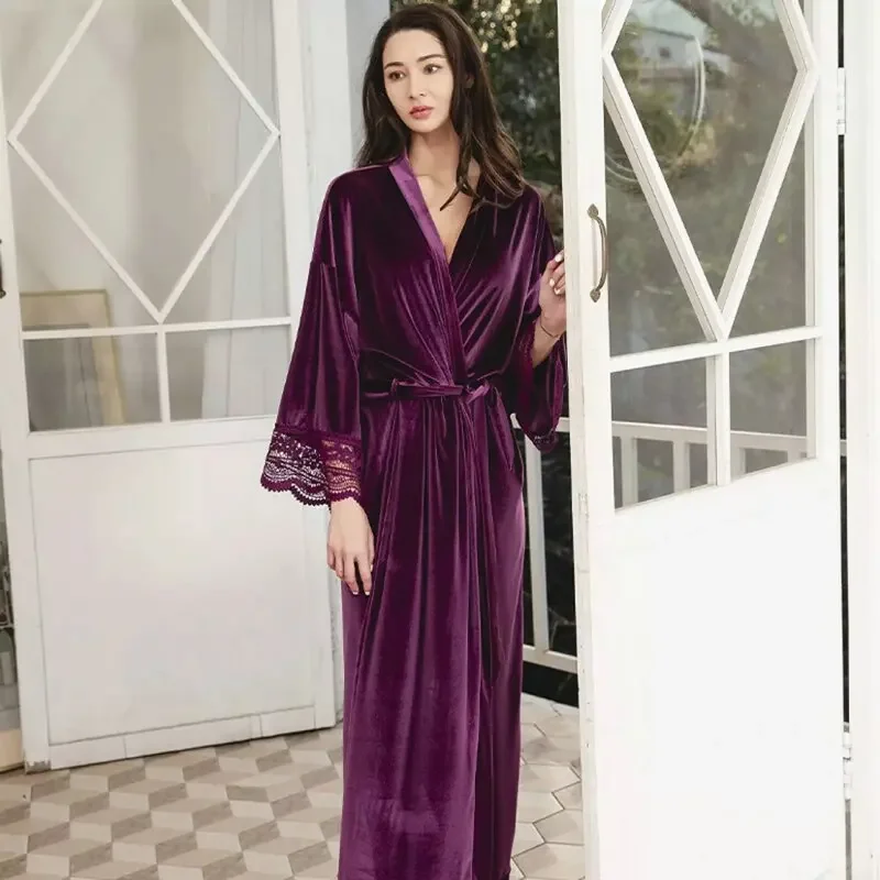 Herbst Winter Samt Nachthemd Kimono Robe Nachtwäsche Morgenmantel Nachthemd Sexy Spitze Lange Nachtwäsche Bademantel Lose Hause Tragen Image