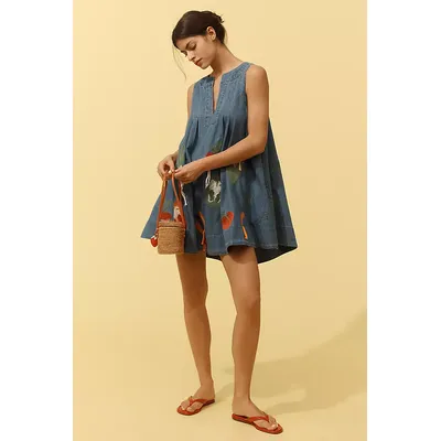 Maeve Sleeveless V-Neck Veggie Denim Mini Dress