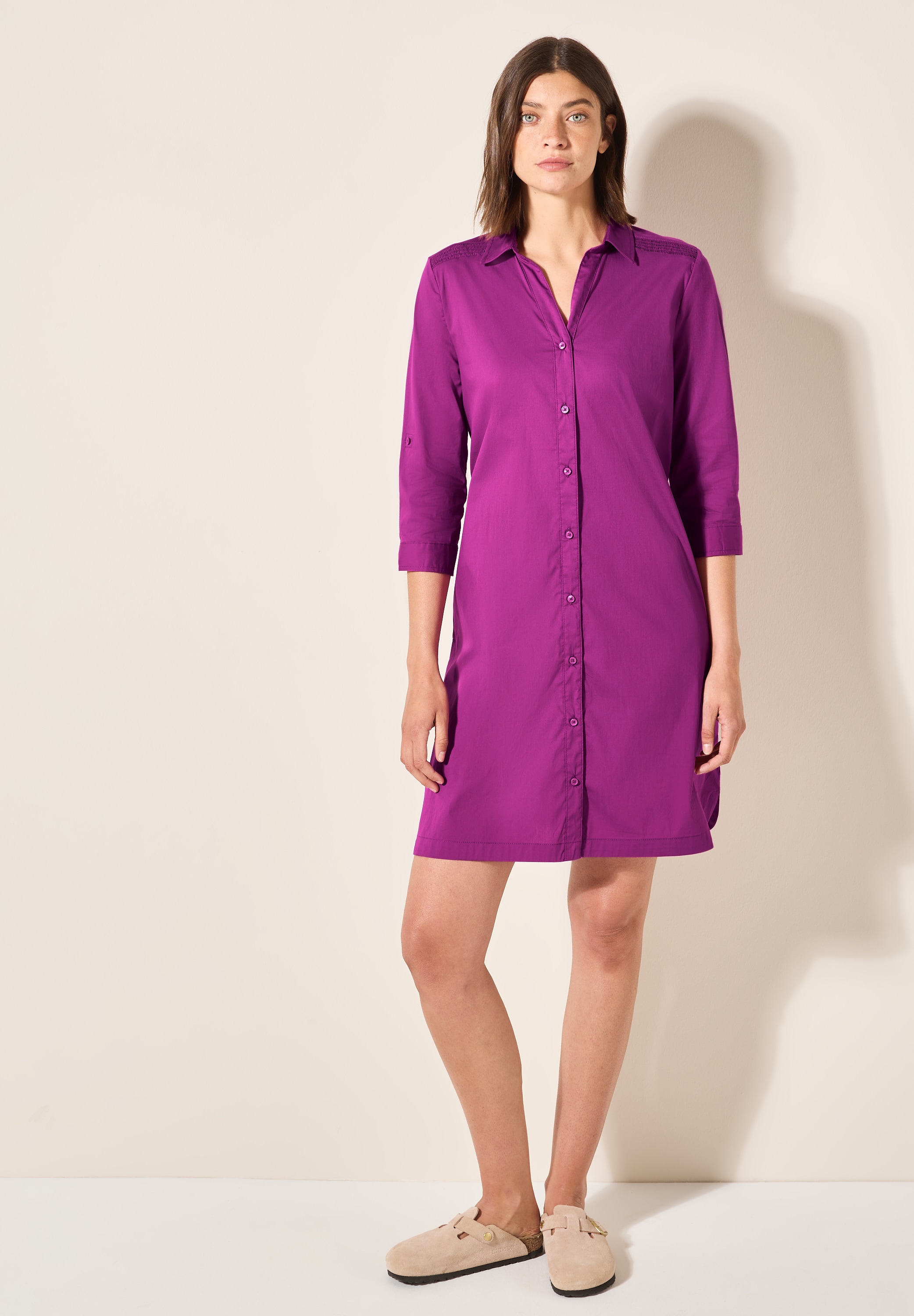 Blusenkleid CECIL, Damen, Gr. XXL (46), US-Größen, rosa (anemone pink), Web, 74% Baumwolle, 24% Polyamid, 2% Elasthan, unifarben, gerade knielang, V-Ausschnitt, Bündchen, Kleider Blusenkleid, knielang