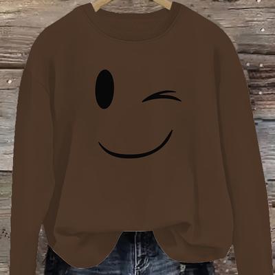 TEMU Plus Size Smile Print Pullover Sweatshirt, Casual Crew Neck Long Sleeve Sweatshirt, Women's Plus Size Clothing Image