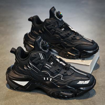 TEMU G-sospin Men's Fashionable Black Chunky Sneakers - Durable, Anti-slip Mecha Style Dad Shoes With Rotating , Breathable Fabric Lining For , Sports & Outdoor Activities Image