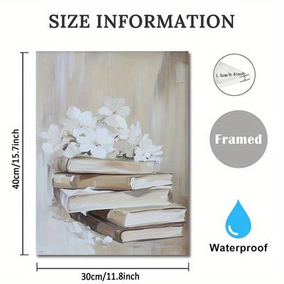 TEMU 1pc Vintage Cottage Floral & Books Canvas Wall Art, White Flowers & Stack Of Books Print, Wooden , Ideal For Bedroom, Classroom, Office, Gallery Decor, 11.8x15.7 Inch, Book Decor, 2d, Room Decor Image
