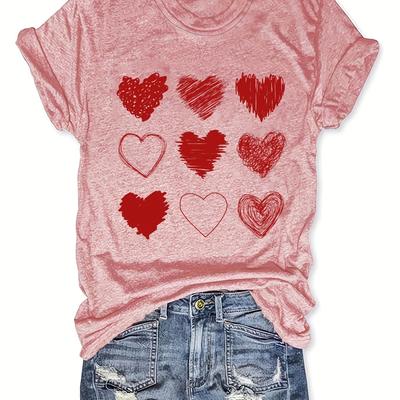 TEMU Women's Casual Short Sleeve T-shirt With Red Heart Print - Relaxed Fit Round Neck Summer Top, Machine Washable Lightweight Tee For Casual Attire, Ladies T Shirts, Soft Fabric Shirt Image