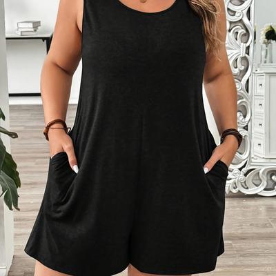 TEMU Women's Plus Size Sleeveless Green Jumpsuit - Elegant Crew Neck, Stretchy Fabric, Pocket Detail, Ideal For Spring/summer/fall, Casual Wear|elegant Sleeveless Jumpsuit|pocketed Jumpsuit Image