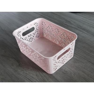 TEMU 1pc Pink Plastic Hollow Storage Basket With Floral Pattern - Multifunctional Organizer For Kitchen, Bathroom, Bedroom, And Home Decor, Shelf Baskets Image