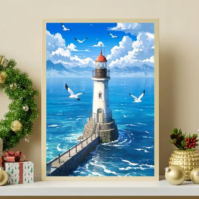 TEMU Diy 5d New Diamond Painting Kit - Lighthouse Pattern, Rhinestone Embroidery, Frameless Acrylic Craft, Suitable For Home And Office Wall Decoration, Perfect Gift For On Image