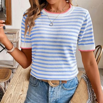 TEMU Women's Casual Striped Short Sleeve T-shirt - Jersey Knit, Round Neck, Top With Pink Trim, Casual Summer Top|striped Top|stretchy Fabric Image