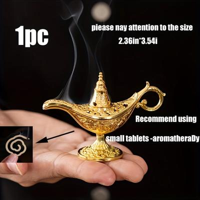 TEMU Elegant Cast Iron Golden Lamp - Middle Eastern Style With Intricate Carvings, Home Decor And Ramadan Gifts, Home Fragrance Centerpiece | Middle Eastern Style Decor | Ornate , Incense Holder Image