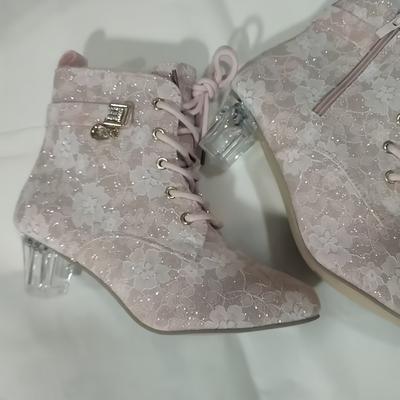 TEMU Stylish Women's Floral Transparent Heel Boots With Rhinestone Suitable For Parties, Dance, And Daily Work With Random Sole Edge Color Image
