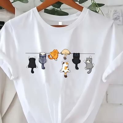 TEMU Plus Size Women's Cotton Casual Tee - Round Neck, Short Sleeve, Floral Print, Fashion, Machine Washable, Quirky Fashion Tee | Round Neck Tee | Glossy Texture, Ladies T Shirts Image