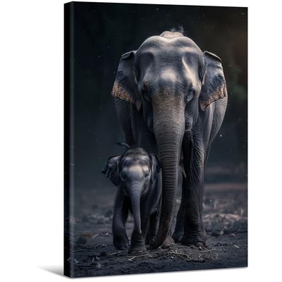 TEMU Elephant And Calf In Dark Dust With Rain. Large Wooden Framed Wall Art Home Decor Canvas Painting- For Bedroom, Bathroom, Living Room, Office, Kitchen, Holiday Gift- 1pc Image