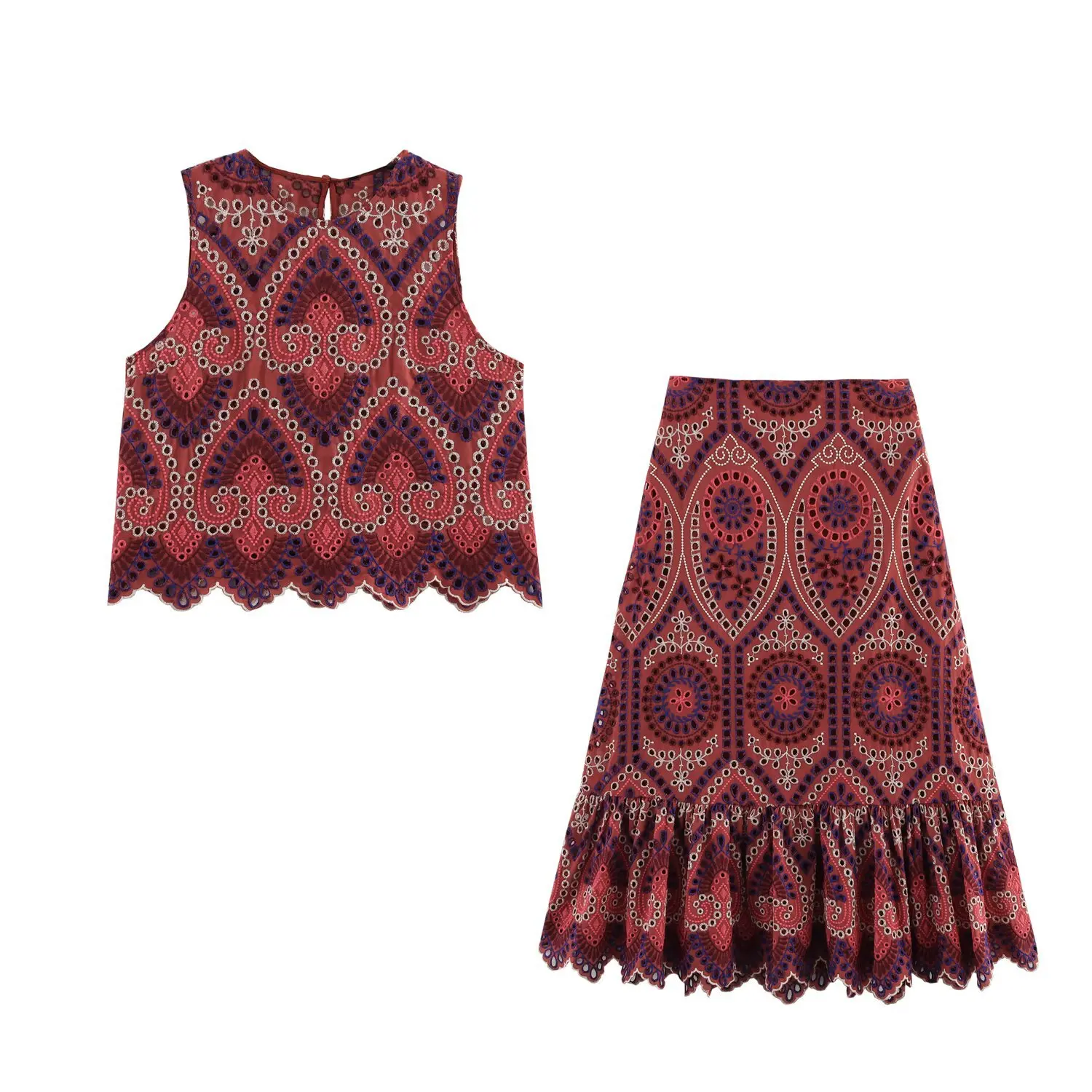 2-teiliges Midirock-Set für Damen, aushöhlen, Stickerei, Druck, O-Ausschnitt, Weste, Falten, Reißverschluss, langer Rock, Urlaubssets Image