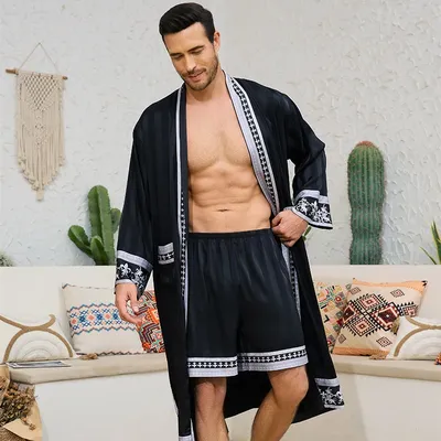 Frühling Sommer Neue Männer Pyjama 2PCS Robe Shorts Set Barock Stil Seidige Kimono Bademantel Kleid Image