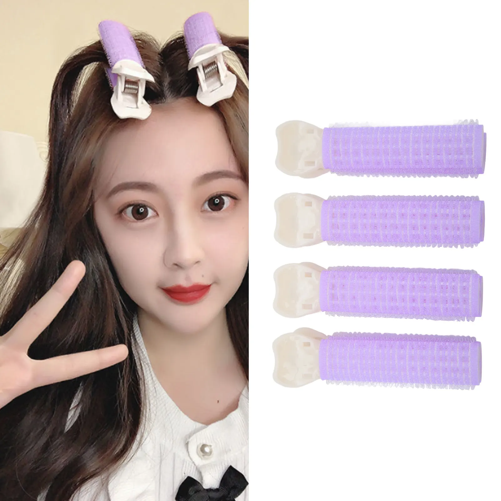 4 stücke Keine Spur Kopf Haar Wurzeln Flauschigen Clip Lazy Air Pony Selbst-klebe Flauschigen Haar Clip Curling Gerät Stirn lockenwickler Haar Image