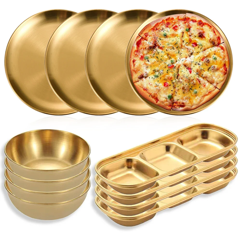 12 Teile/satz Edelstahl Gold Gewürz Gericht Grill Platte Runde Obst Platte Kuchen Tablett BBQ Flachen Boden Flach Tablett Geschirr