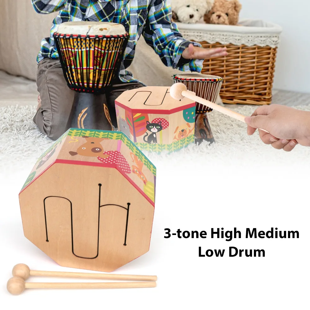 Cartoon Holz trommel 3-Ton hoch mittel niedrig Trommel Hand trommeln umwelt freundlich Holz achteckige Trommel Percussion Rhythmus Instrument Image