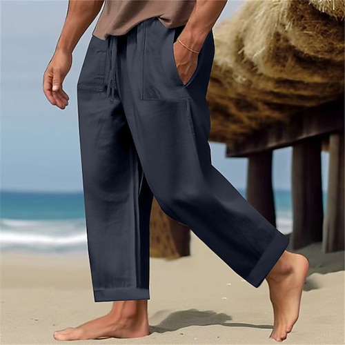 Herren Leinenhosen Hose Sommerhose Strandhose Freizeithose Tasche Kordelzug Einfach Komfort Atmungsaktiv Urlaub Täglich Ferien Einfach Lässig Dunkelbraun Meerblau Image