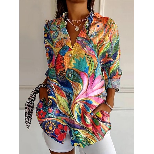 Damenhemd Leinenartig Atmungsaktiv Leicht Knopfdown Tunika Hemd Kragen Langarm Floral Grafik Lässig Reguläre Tops Arbeit Täglich Druck Gelb Blau Braun Rosé Pink Frühling Herbst Winter Image