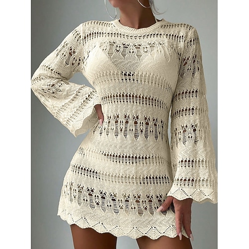 Cover-Up Badeanzug Kleid für Frauen Cut Out Urlaub Strandbekleidung Einfarbig Rundhals Lange Ärmel Badeanzüge Image