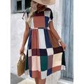 Damen Minikleid A Linie Kleid Lässig Outdoor Ausgehen Normale Passform Karomuster Kurzarm Rundhalsausschnitt Blau Orange Sommer