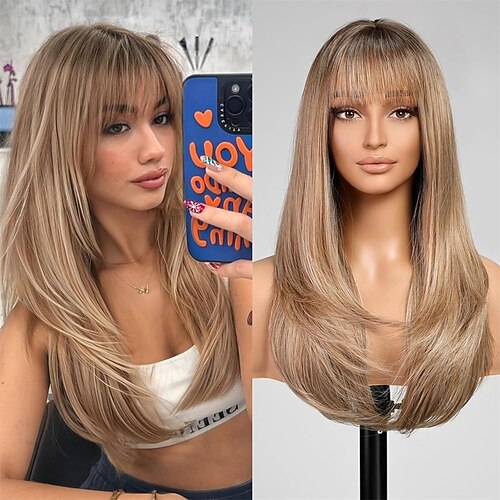 Rotbraune lange, gestufte Perücke mit Pony, glattes Ingwerhaar, Perücken für Frauen, rotes Haar, synthetische, hitzebeständige Perücke für Partys, Cosplay und Alltag Image