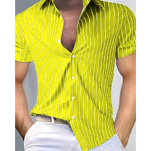 Herren Sommerhemd Freizeithemd Strandhemd Knopfhemd Gelb Hellgrün Rosa Rote Blau Kurzarm Streifen Revers Urlaub Hawaiianisch Bekleidung Polyester Mode Lässig Bequem Image