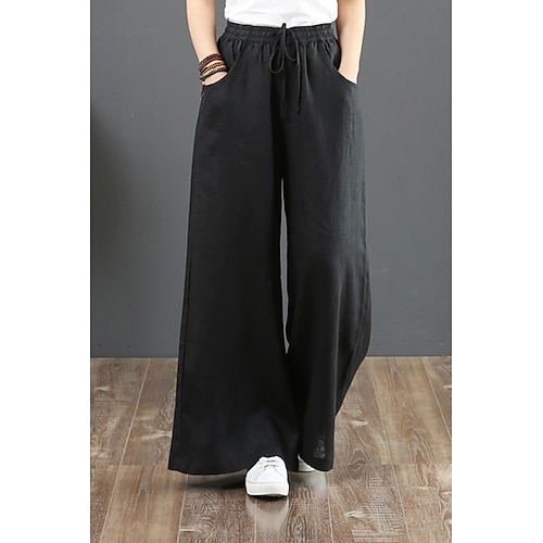 Damen Baumwoll Mischung Weites Bein Stoffhosen Mode Streetwear Volle Länge Natürliche Taille Einfach Tasche Elastisches Kordelzugdesign Bequem Straße Ausgehen Aprikose Hyazinth Grau Schwarz Sommer Image