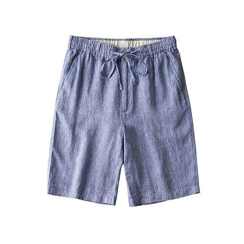 Herren Shorts aus 100% Leinen, einfarbig, über dem Knie, Alltag, Urlaub, Ethno-Stil, Blau, Khaki