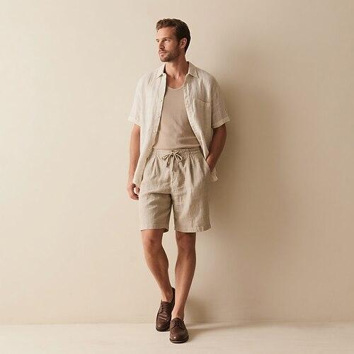 Herren Shorts aus 100% Leinen, einfarbig, über dem Knie, Alltag, Urlaub, Ethno-Stil, Blau, Khaki