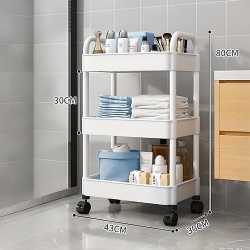 3/4-stöckiger Rollwagen aus Kunststoff mit Griff, multifunktionaler Aufbewahrungswagen für Büro, Wohnzimmer, Küche, beweglicher Aufbewahrungs-Organizer mit Rädern, weiß/schwarz Image