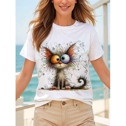 Damen T Shirt Druck Grafik Tiermotiv Katze Vintage Stilvoll Klassisch Kurzarm Rundhalsausschnitt Rundhals Normale Oberteile Täglich Wochenende Weiß Sommer Frühling Image