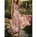 Damen Maxikleid Strickkleid Freizeitkleid A Linie Kleid Sommerkleid Urlaub Vintage Ethnisch Normale Passform Blumen Grafik Geometrisch Kurzarm Quadrathals Rundausschnitt Rosa Blau Grün Sommer Frühling