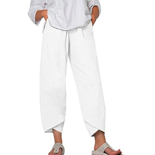 Damen Baumwoll-Leinen-Hosen Hosen Weite Hosen Strandhosen Urlaub Basic Voller Länge Mittlere Taille Schlicht Zugband Tasche Komfort Outdoor Mikro-elastisch Täglich Strandurlaub Grau Schwarz Weiß Image