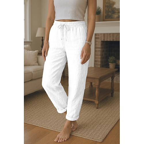 Damen 100% Baumwolle Komfort Volle Länge Hohe Taille Einfach Tasche Elastischer Bund Bequem Außenbereich Alltagskleidung Schwarz Weiß Rot Grün Sommer Normale Passform Image