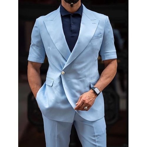 Herren Leinenanzüge Strandhochzeit Lässig Himmelblau Sommer Anzug Steigendes Revers Einfarbig Standard Passform 2-teilig Einreiher - 1 Knopf Image