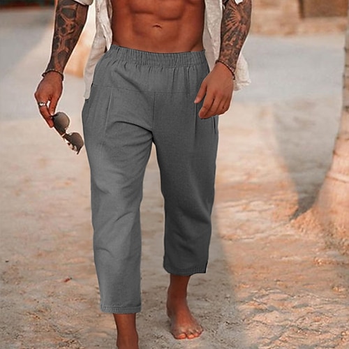 Herren Leinenhosen Hose Sommerhose Strandhose Plissiert Elastischer Bund Gerader Schnitt Einfach Komfort Atmungsaktiv Knöchellang Outdoor Lässig Ferien Mode Retro Vintage Schwarz Marineblau Image