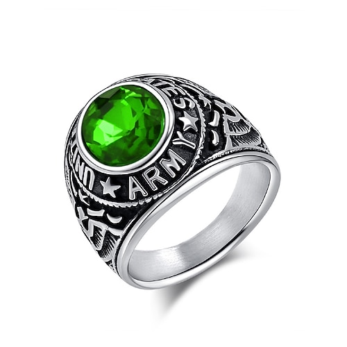 Herren-Vintage-Armeering mit smaragdgrünem Edelstein – antiker silberner Statement-Ring im Militärstil für Veteranen und Sammler Image