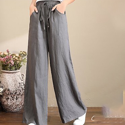 Damen Baumwoll Mischung Hose aus Baumwollleinen Weites Bein Stoffhosen Mode Streetwear Volle Länge Natürliche Taille Einfach Tasche Elastisches Kordelzugdesign Bequem Außenbereich Straße Ferien Image