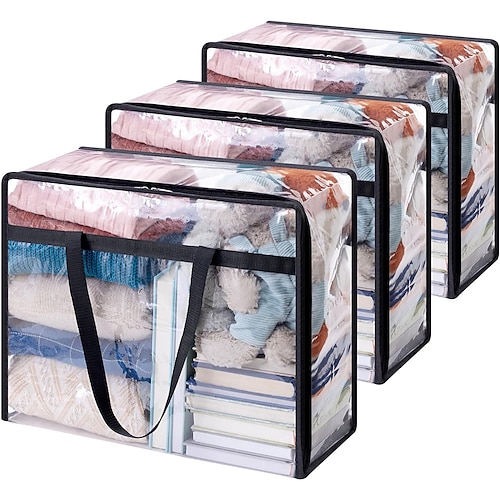 3er-Pack transparente Aufbewahrungstaschen für Decken mit Reißverschluss, Aufbewahrung unter dem Bett, faltbare Umzugstaschen aus Vinyl, Schrankorganizer und Aufbewahrungsbehälter für Bettzeug, Image