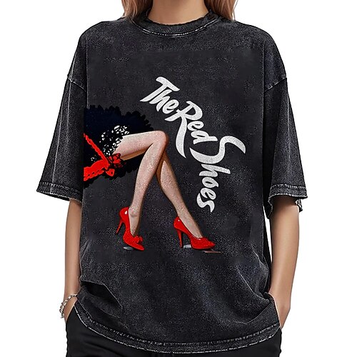 T-Shirt Übergroßes Acid-Wash-T-Shirt Retro Poster Retro-Mädchen 1950er Retro Vintage T-Shirt Ärmel Grafik für Paar Herren Damen Erwachsene Heißprägen für Maskerade Alltagstauglich Image