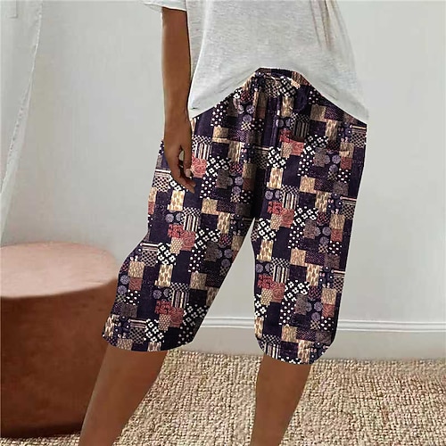Damen Baumwoll Mischung Caprihose Stoffhosen Streetwear Lässig Wadenlang Natürliche Taille Blume Drucken Elastisches Kordelzugdesign Außenbereich Bequem Straße Alltagskleidung Magenta Schwarz Blau Image