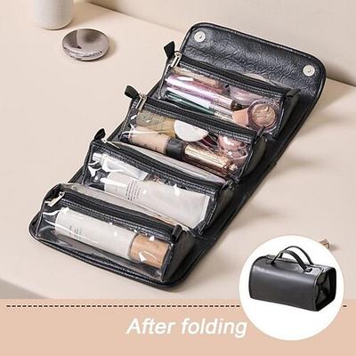 Reisekosmetiktasche aus Leder, große Kapazität, tragbarer Make-up-Koffer für Damen, wasserdichte Aufbewahrungstasche für Kulturbeutel, Make-up-Organizer, faltbare 4-in-1-Reise-Kulturtasche, Image