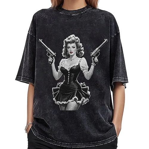 T-Shirt Übergroßes Acid-Wash-T-Shirt Retro Poster Retro-Mädchen 1950er Retro Vintage T-Shirt Ärmel Grafik für Paar Herren Damen Erwachsene Heißprägen für Maskerade Alltagstauglich Image