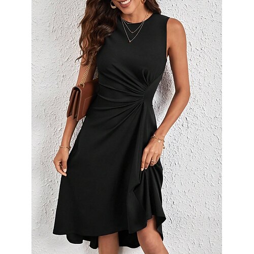 Damen Midi Kleid A-Linie Kleid Einfarbig Bodycon Kleid Arbeitskleider Semi Formal Büro Schlank Grafisch Ärmellos Rundhals Schwarz Pink Rot Blau Sommer Image