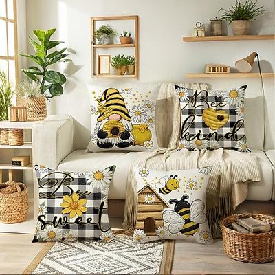 Sommer Biene Floral Dekorative Toss Kissenbezug 4PC Weich Quadrat Sofa Kissenbezug Kopfkissenbezug für Schlafzimmer Wohnzimmer Sofa Stuhl Image