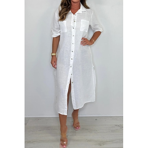 Damen Midikleid Leinenmischung Hemdblusenkleid Klassisch Täglich Outdoor Ferien Normale Passform Einfach Langarm Hemdkragen Blau Weiß Armeegrün Aprikose Sommer Image
